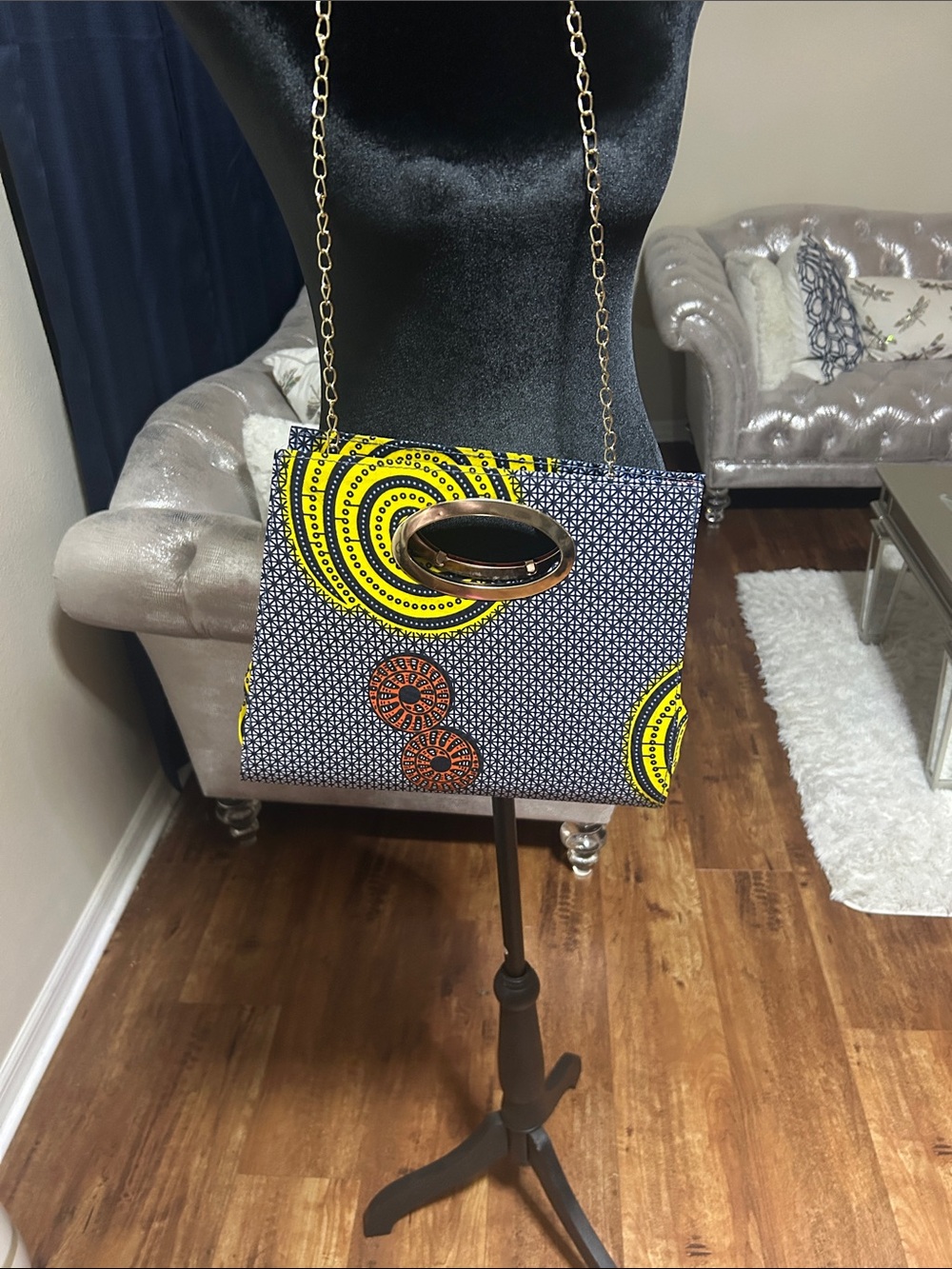 Yellow & Black Ankara Print Crossbody Bag with Gold Chain